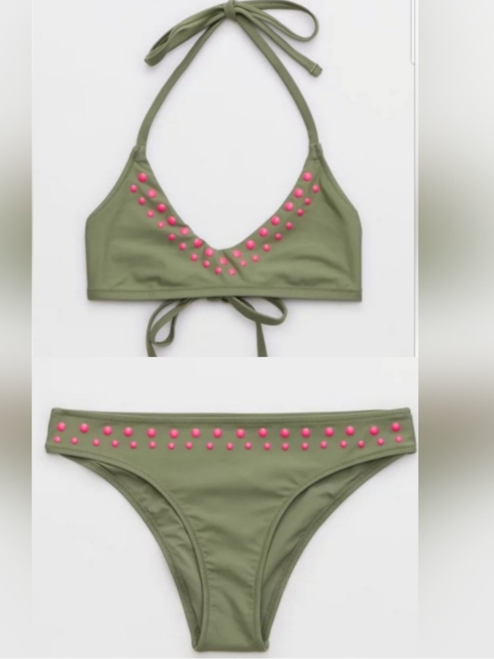 NWT Aerie Olive Green Bikini Set with Pink Stud Accents